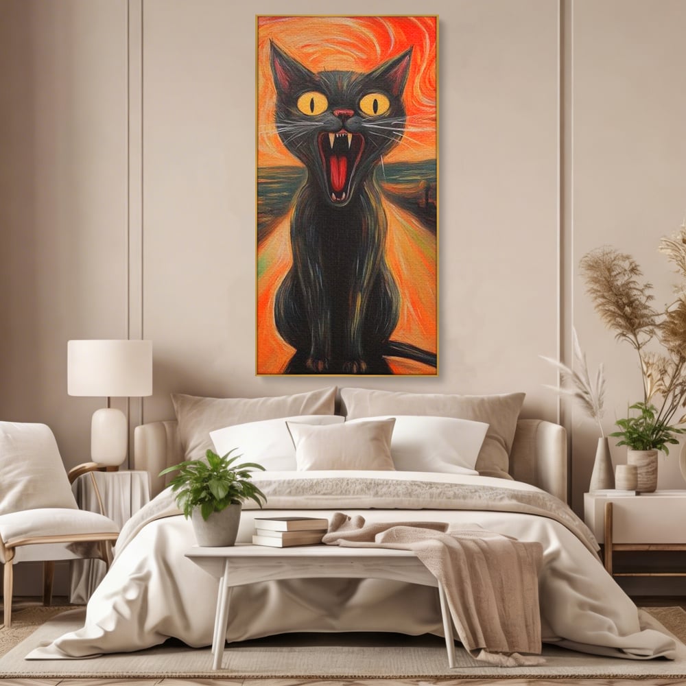 Tablou canvas cu tablou canvas cu pisica neagra care urla, in rama de aluminiu auriu, pe perete intr-un dormitor